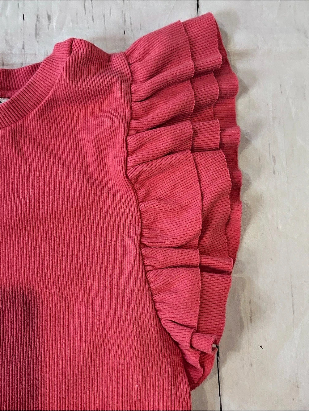 Zara Ribbed Knit Ruffle Sleeve Top Ruffle Sleeve Ribbed Top orange women’s med - Picture 3 of 7